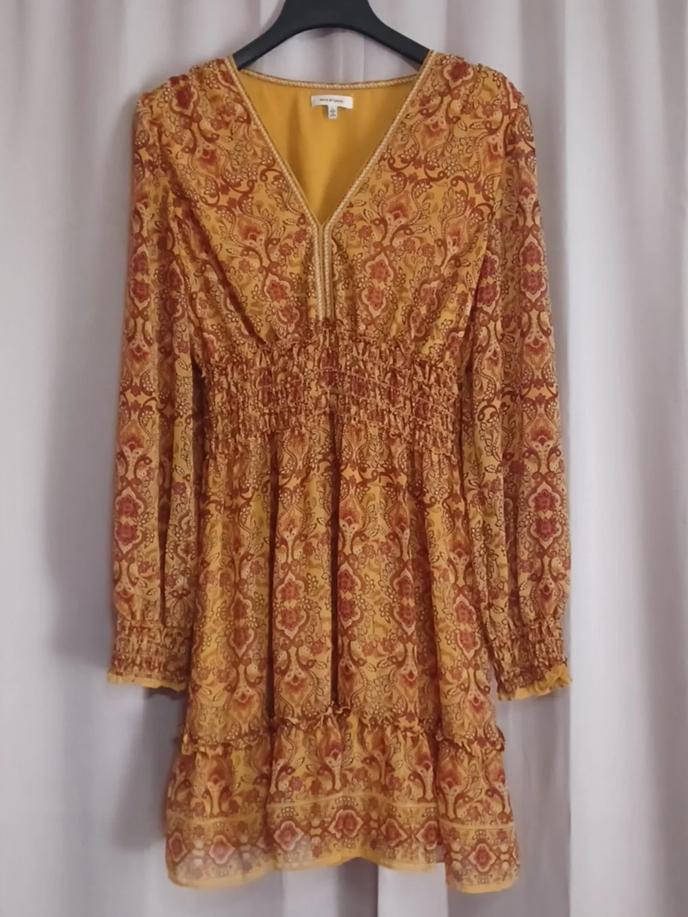 Max Studio Smocked Waist Mini Dress Balloon Sleeves V-Neck Mustard Boho Prairie